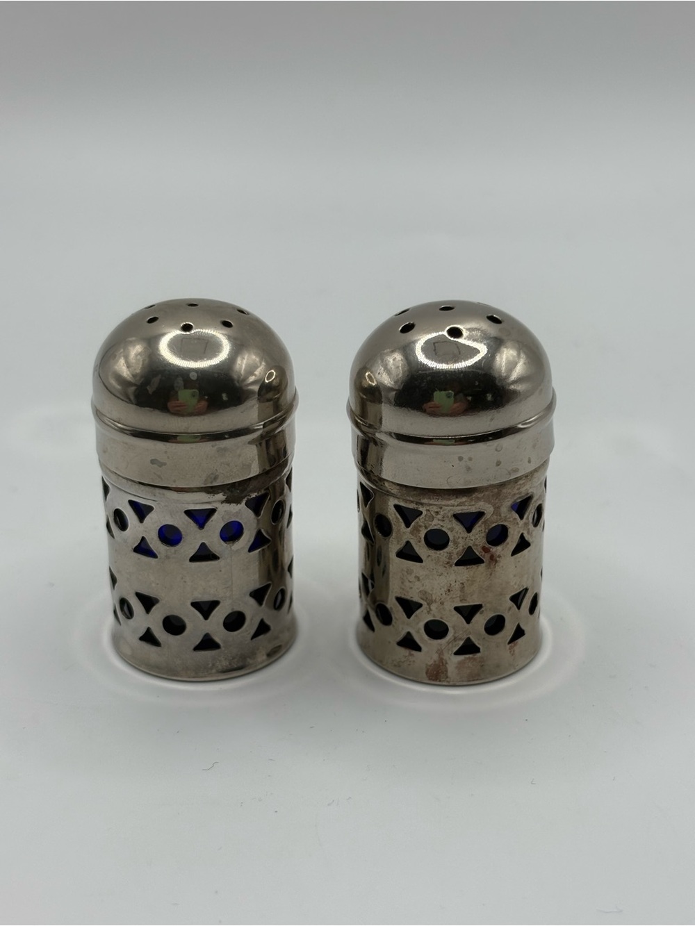 Silver Plated On Brass W/Cobalt Blue Glass Salt & Pepper Shaker Set Apex England